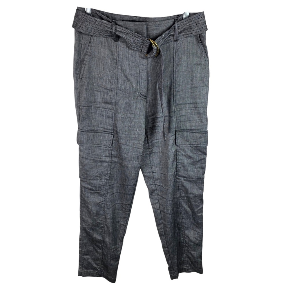 White House Black Market Cargo Pants Womens 8 Gray Excellent Linen Blend Belted